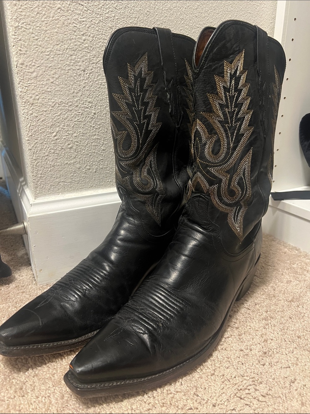 Lucchese Men's Black Western Cowboy Boots with Gold-Tone Embroidery